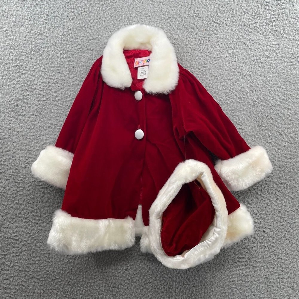 NWOT Joykid Christmas Dress Jacket Girls Large Red Velvet Fur Trim Matching Hat
